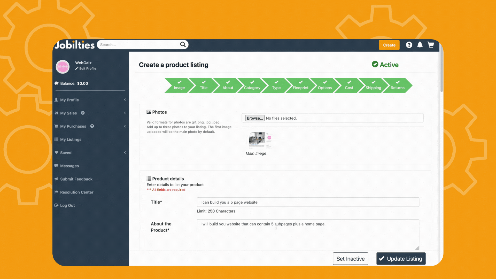 Demonstration of creating a product listing on Jobilties marketplace