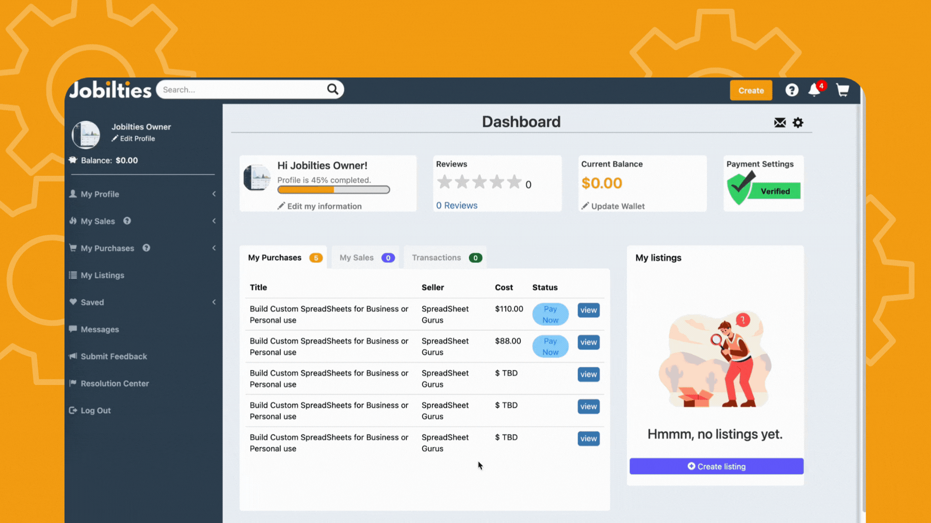User interface demonstration of purchasing a product on Jobilties