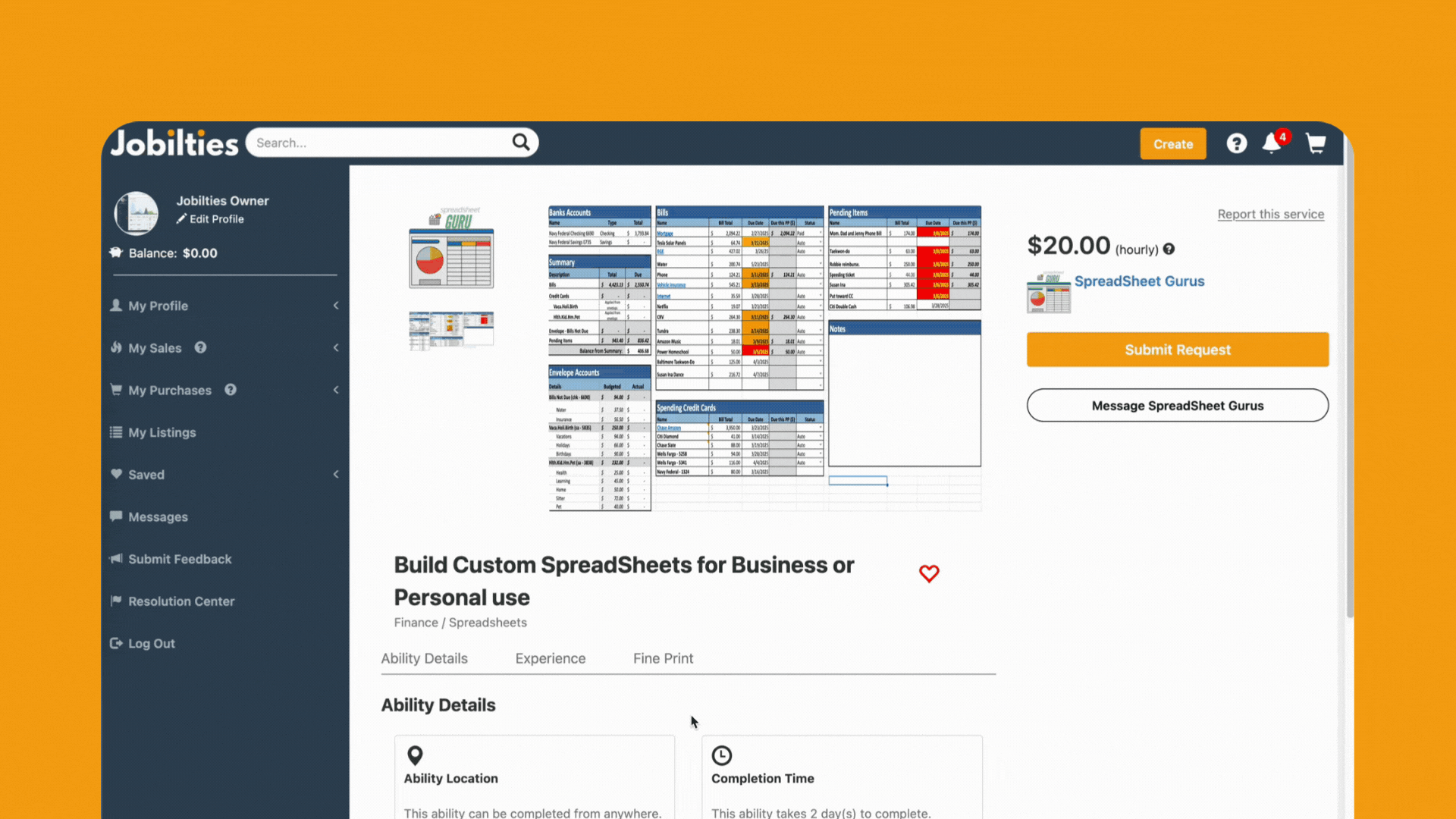 Demonstration of hiring an expert and managing a service request on Jobilties